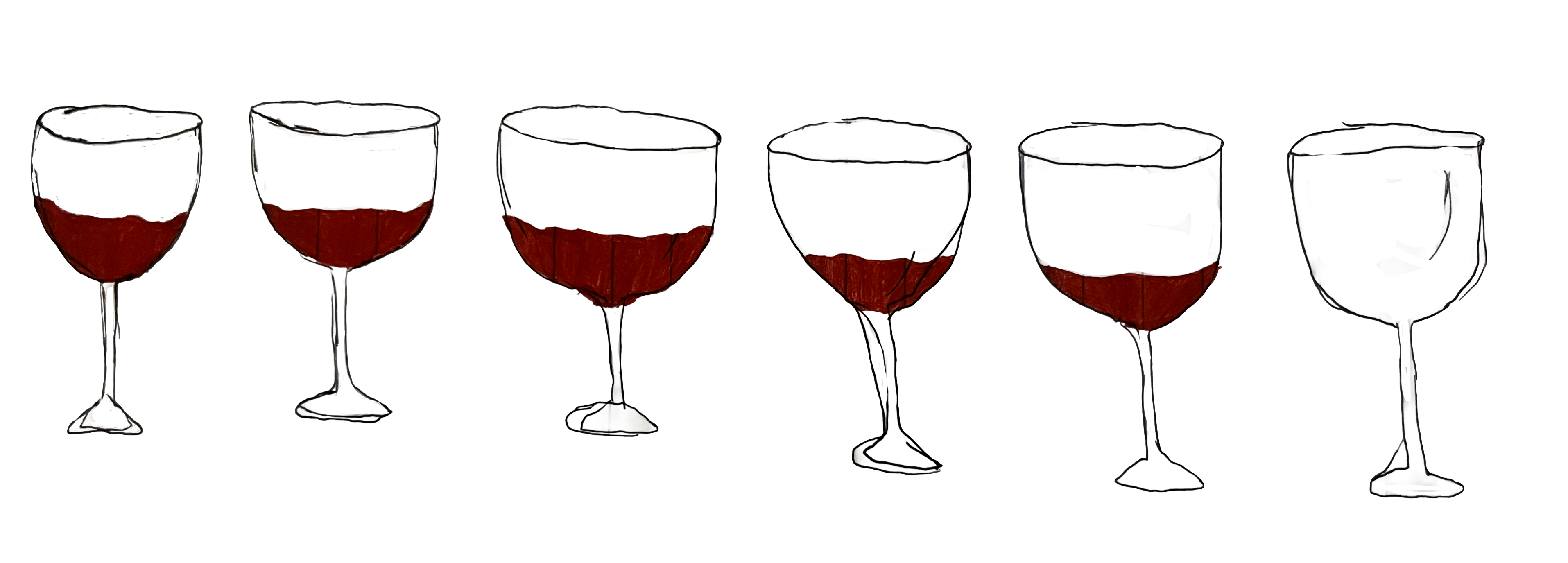Six wine glasses, filled to varying levels, the last one empty.