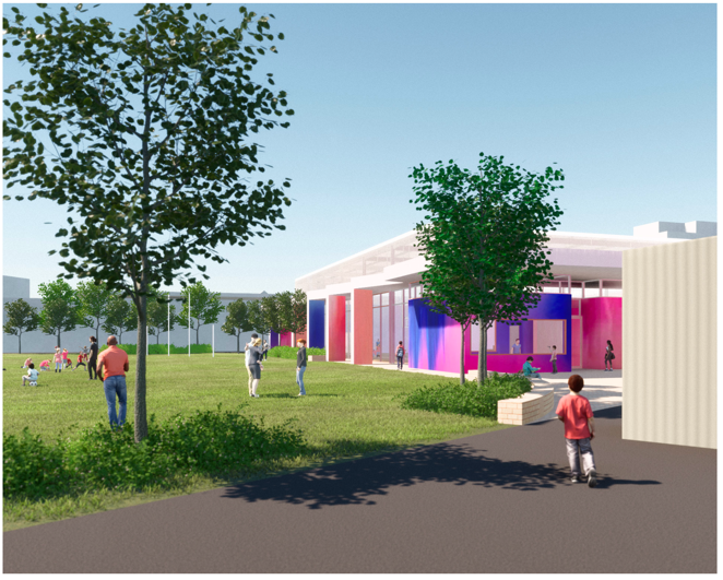 Proposed community hall plans and playground view.